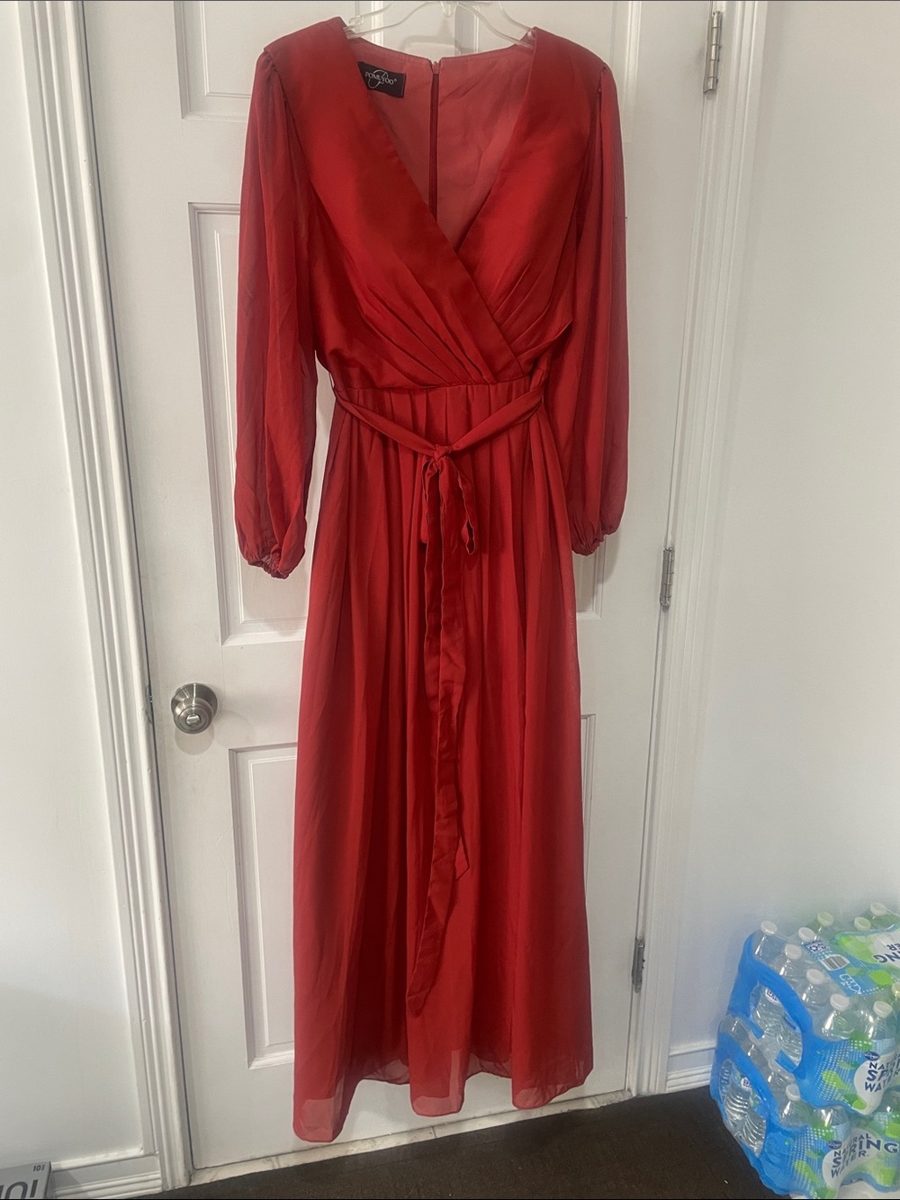 Satin-Effect Red Maxi Dress with Tie Waist